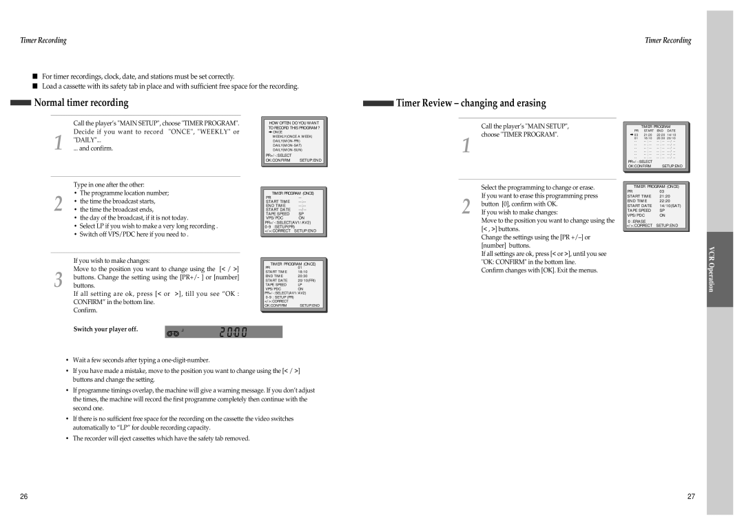 Daewoo SD-9500, SD-3500 owner manual Normal timer recording, Timer Review changing and erasing 