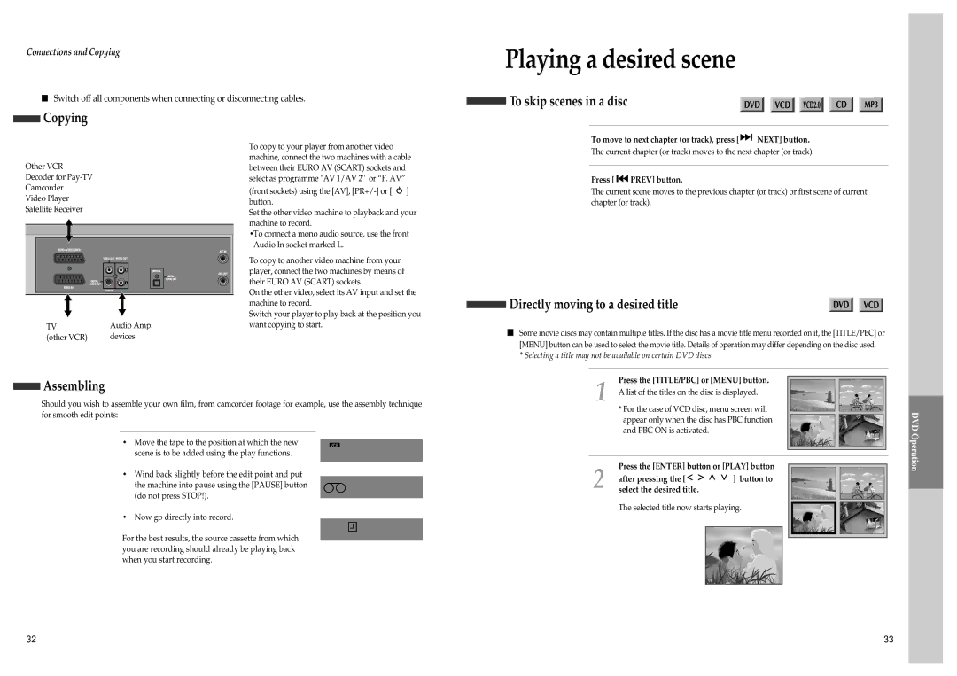 Daewoo SD-3500 Playing a desired scene, To skip scenes in a disc Copying, Directly moving to a desired title, Assembling 