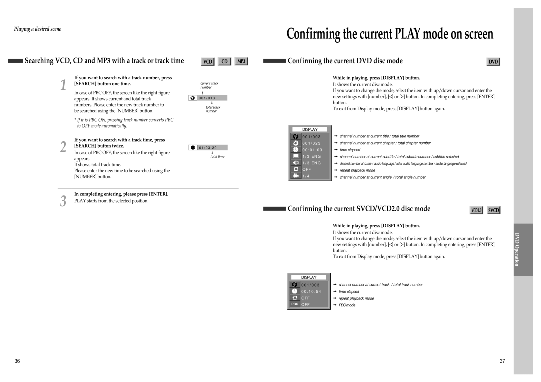 Daewoo SD-3500, SD-9500 Searching VCD, CD and MP3 with a track or track time, Confirming the current DVD disc mode 