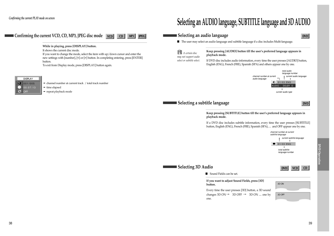 Daewoo SD-9500, SD-3500 owner manual Selecting an audio language, Selecting a subtitle language, Selecting 3D Audio 