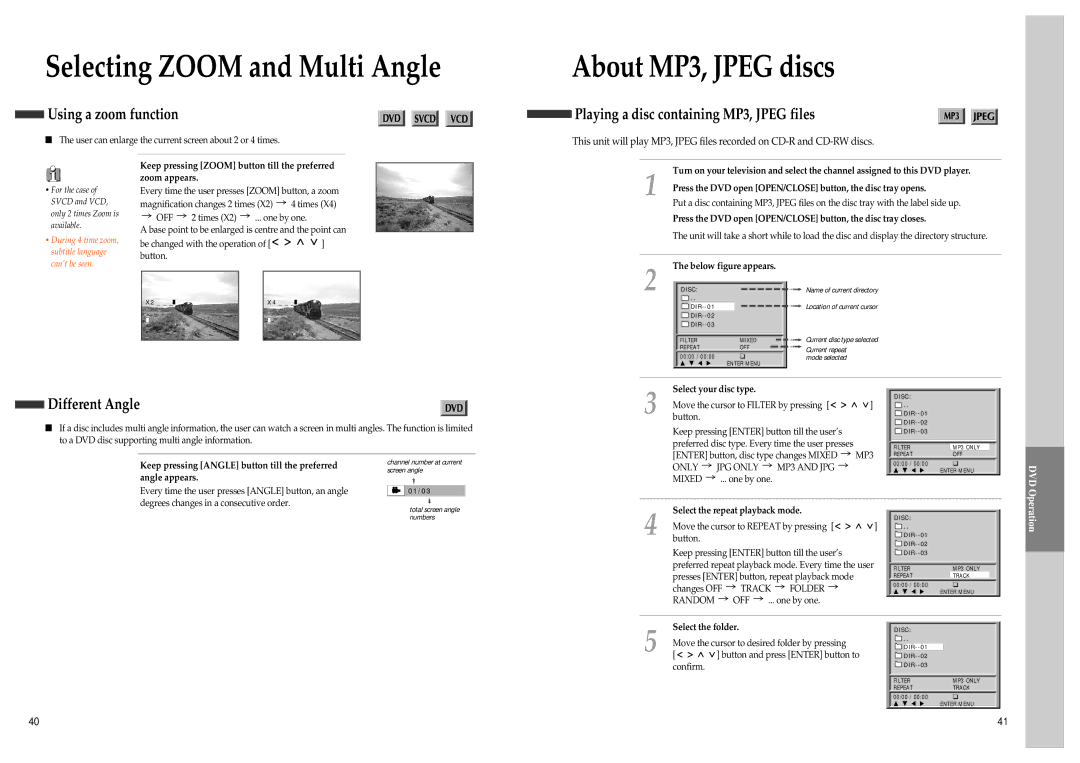 Daewoo SD-3500, SD-9500 Selecting Zoom and Multi Angle, About MP3, Jpeg discs, Using a zoom function, Different Angle 