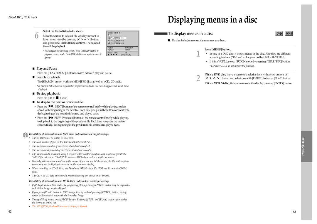 Daewoo SD-9500, SD-3500 Displaying menus in a disc, To display menus in a disc, Select the file to listen to or view 