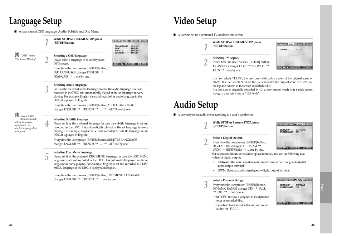 Daewoo SD-3500, SD-9500 owner manual Video Setup, Audio Setup 