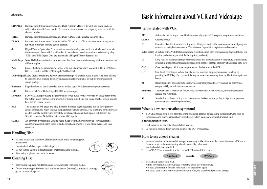 Daewoo SD-3500, SD-9500 owner manual Handling Disc, Cleaning Disc, Terms related with VCR, What is dew condensation symptom? 