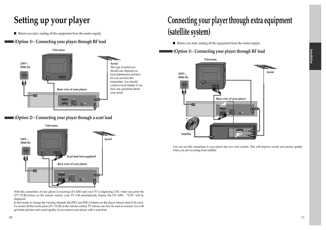 Daewoo SD-9500, SD-3500 owner manual Setting up your player, Option 1 Connecting your player through RF lead 