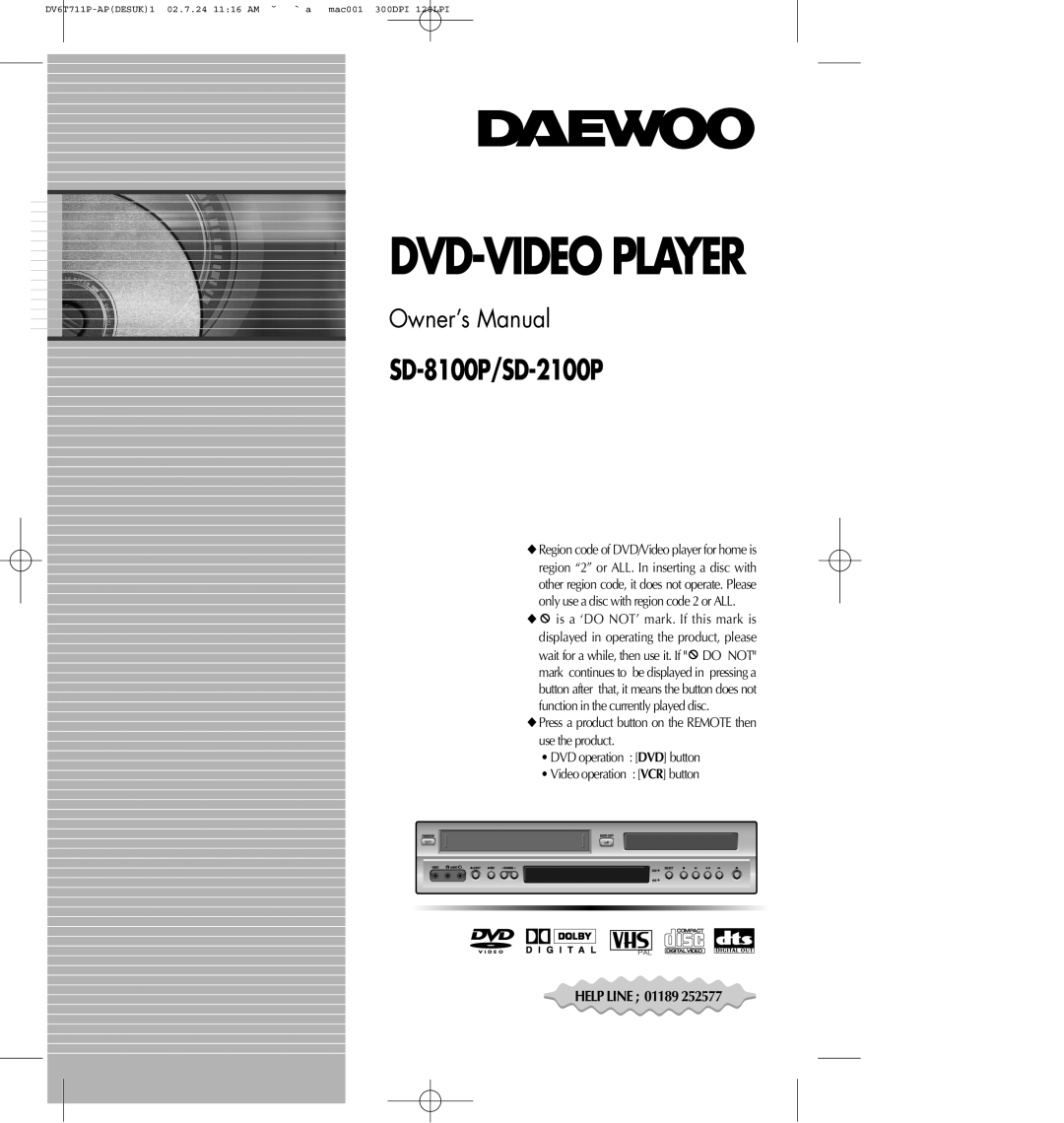 Daewoo owner manual Dvd-Video Player, SD-8100P/SD-2100P, Owner’s Manual 