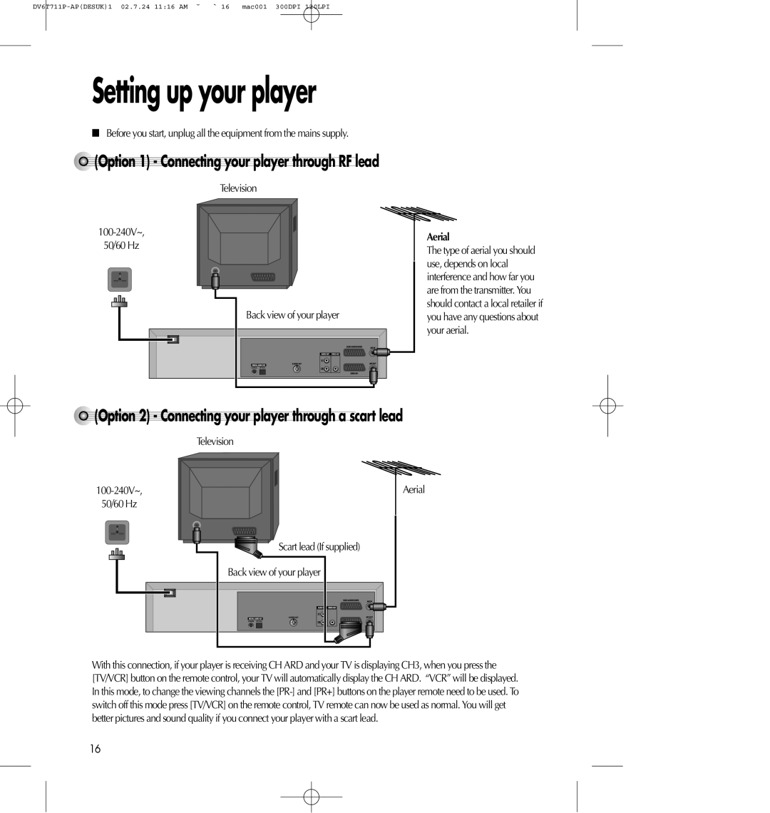 Daewoo SD-2100P Setting up your player, Option2-Connectingyourplayerthroughascart lead, 100-240V~, Aerial, 50/60 Hz 