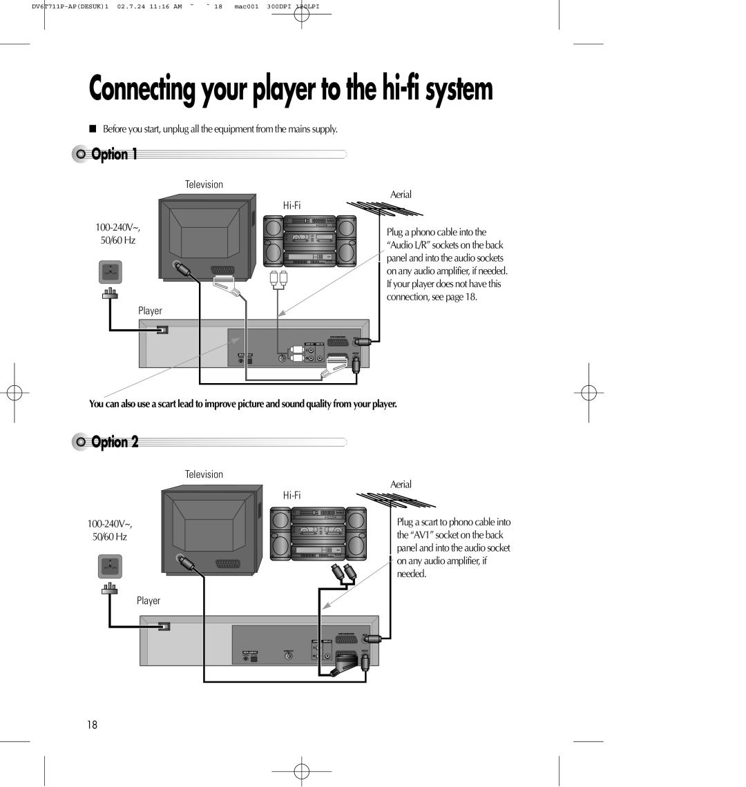 Daewoo SD-2100P Connecting your player to the hi-fi system, Option2, Option1, 100-240V~, 50/60 Hz, Television, Player 