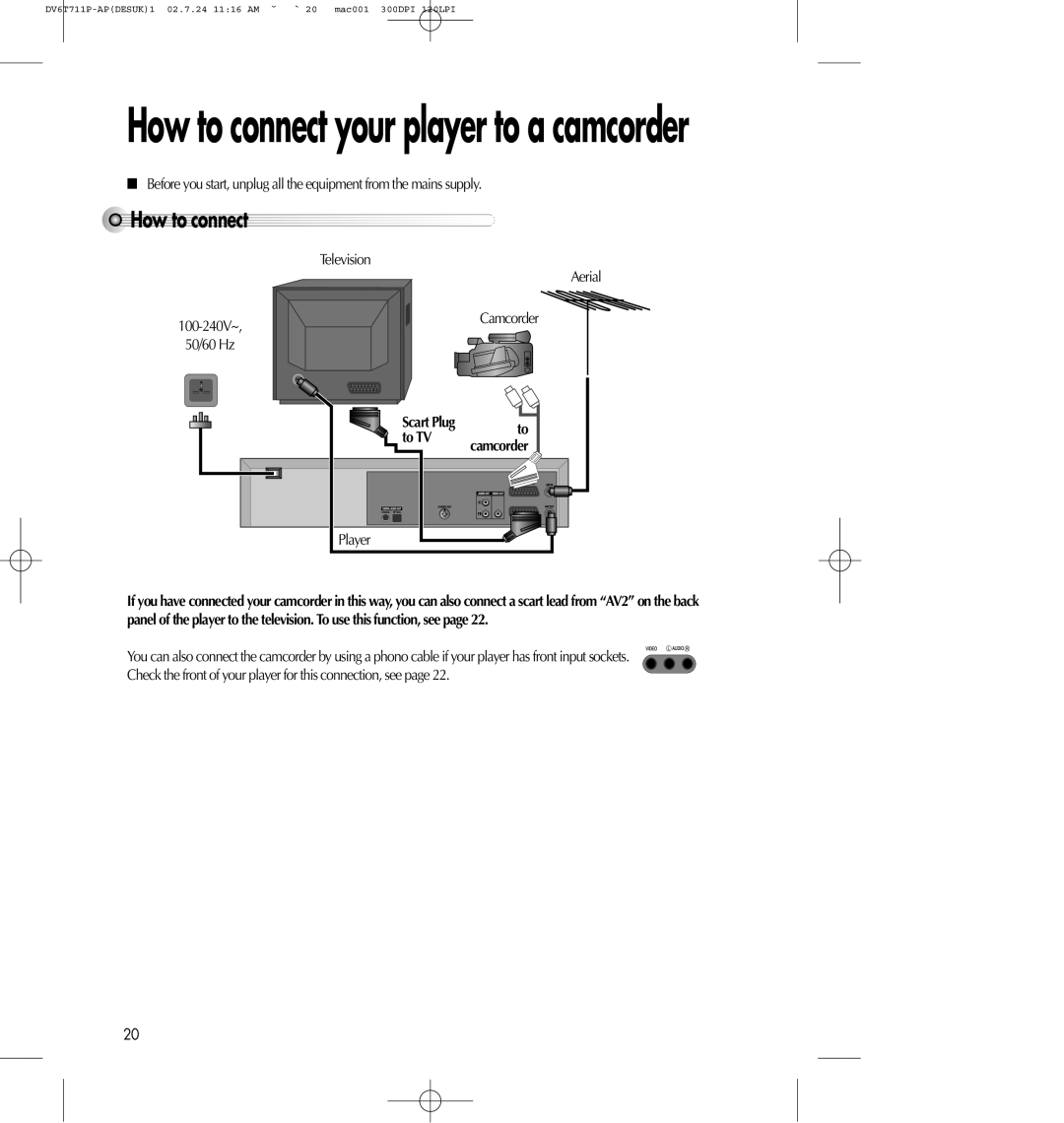 Daewoo SD-2100P, SD-8100P owner manual How to connect your player to a camcorder, Howtoconnect, Scart Plug 