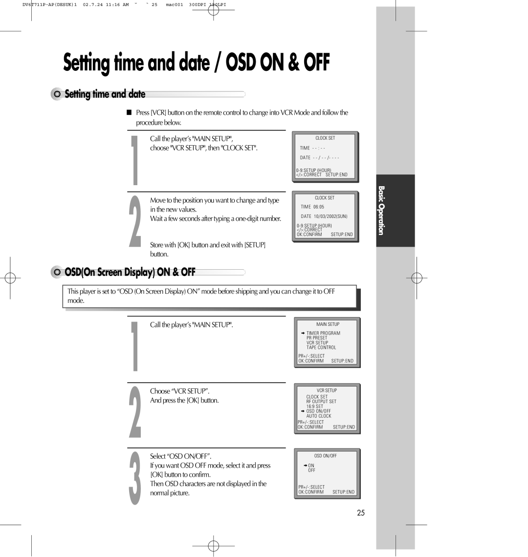 Daewoo SD-8100P, SD-2100P owner manual Setting time and date / OSD ON & OFF, Settingtimeanddate, OSDOnScreenDisplayON&OFF 