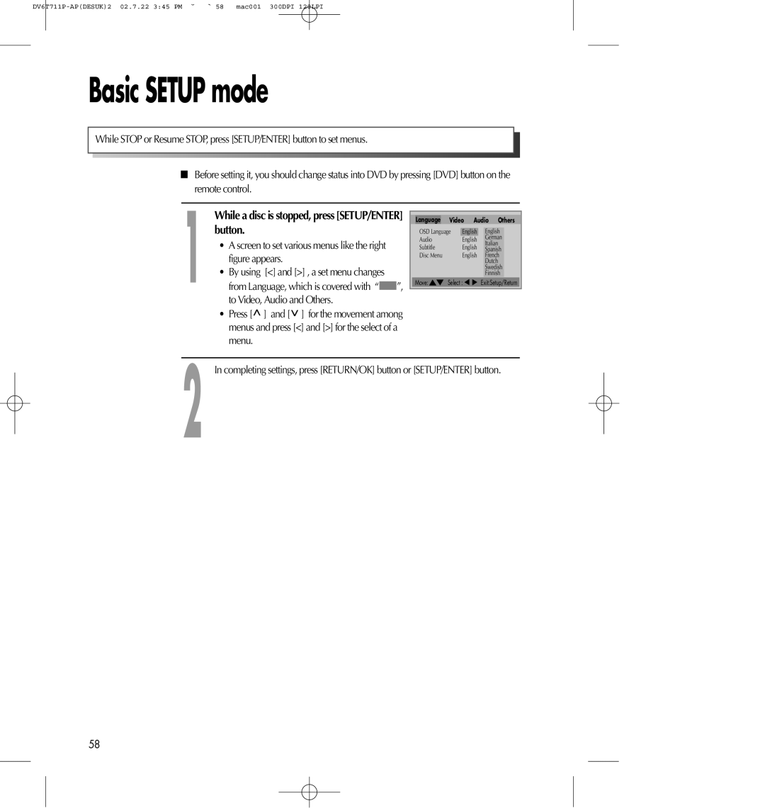 Daewoo SD-2100P, SD-8100P owner manual Basic SETUP mode, While a disc is stopped, press SETUP/ENTER button 