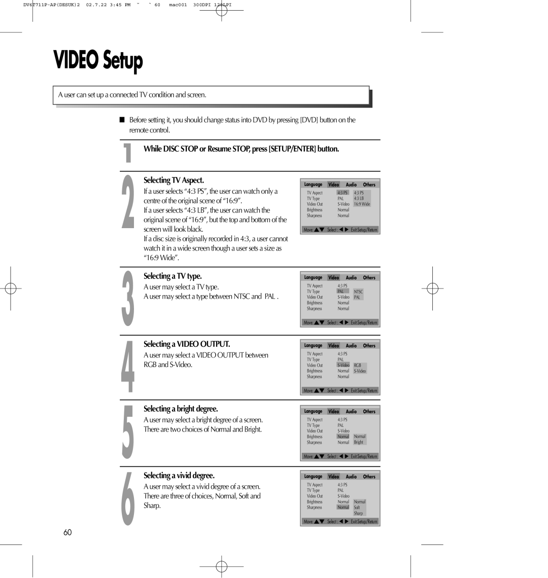 Daewoo SD-2100P, SD-8100P VIDEO Setup, While DISC STOP or Resume STOP, press SETUP/ENTER button, Selecting TV Aspect 