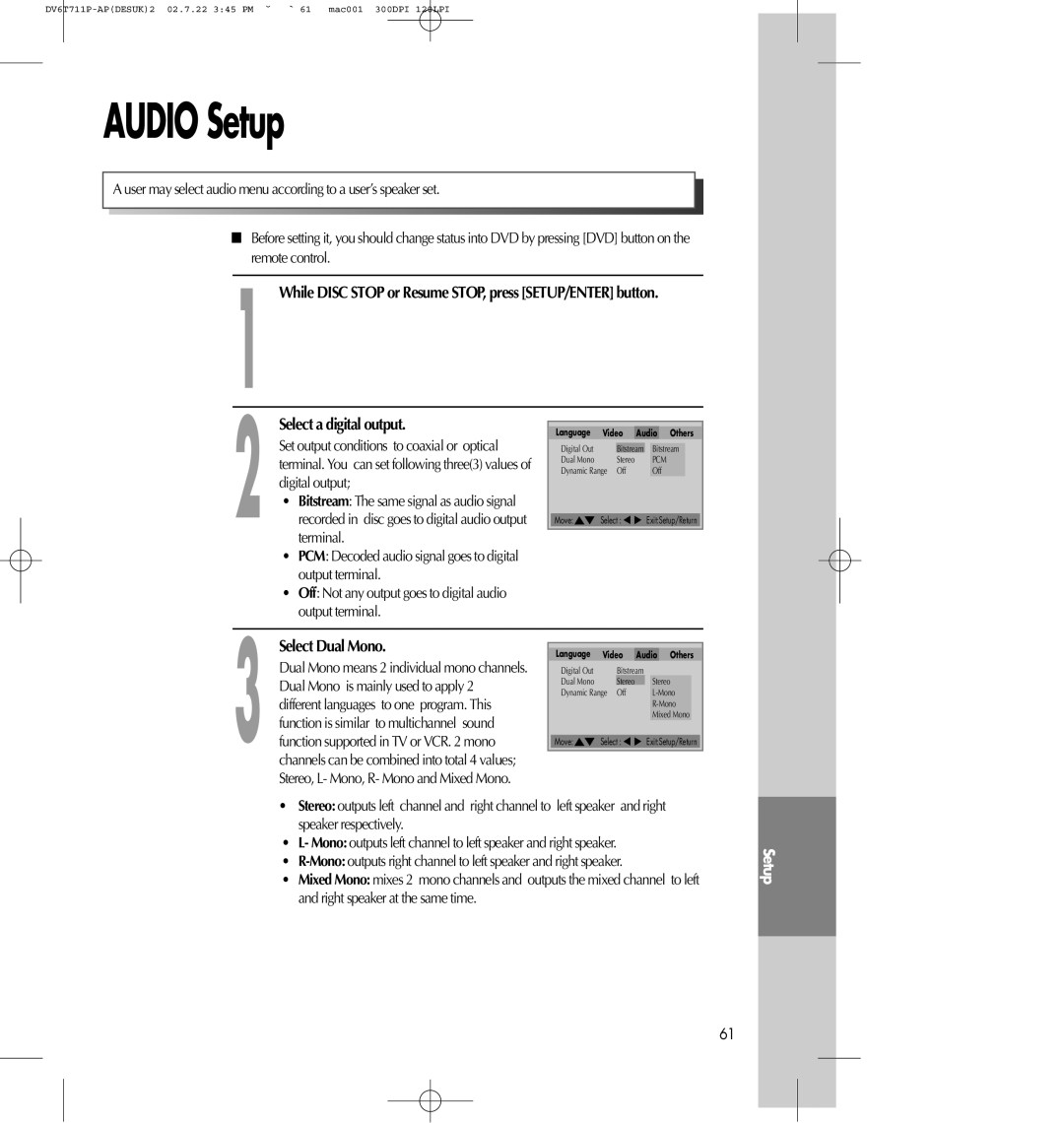 Daewoo SD-8100P, SD-2100P AUDIO Setup, While DISC STOP or Resume STOP, press SETUP/ENTER button, Select a digital output 
