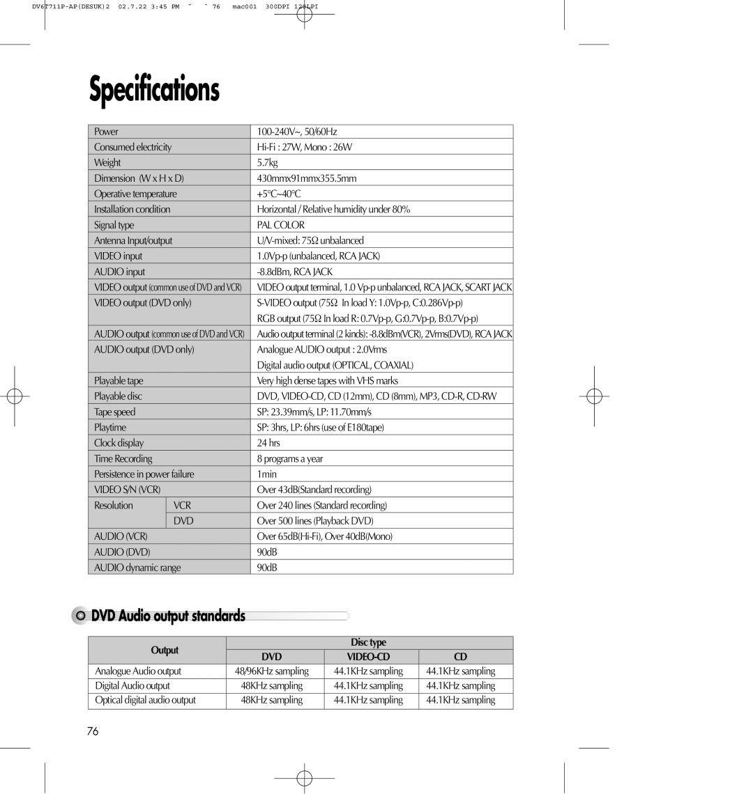Daewoo SD-2100P, SD-8100P owner manual Specifications, DVDAudiooutputstandards 