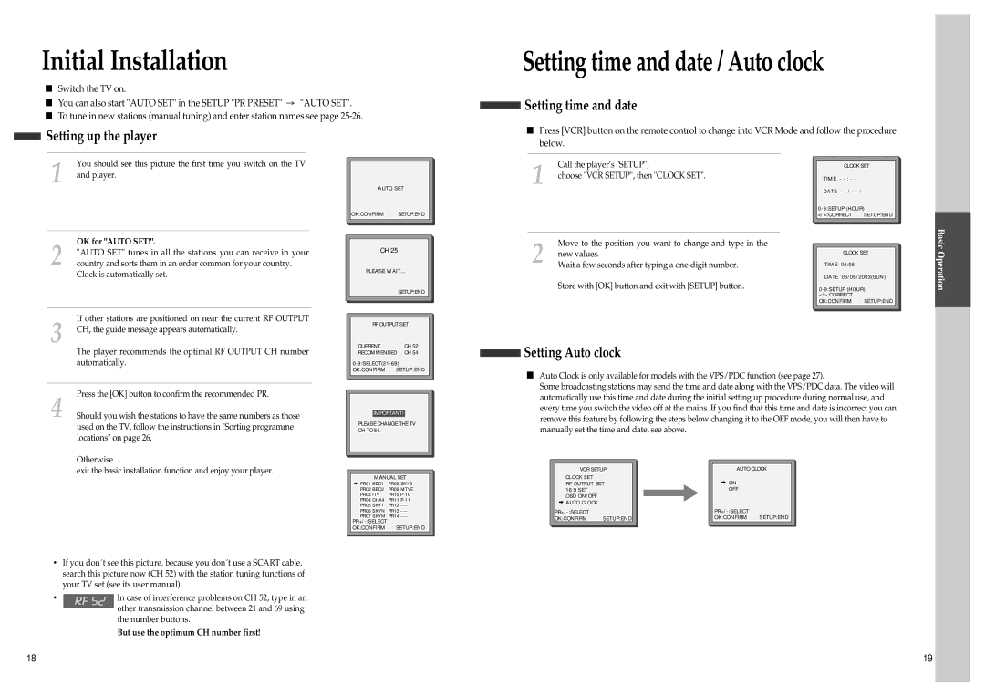 Daewoo SD-8800P Initial Installation, Setting time and date Setting up the player, Setting Auto clock, OK for Auto SET 