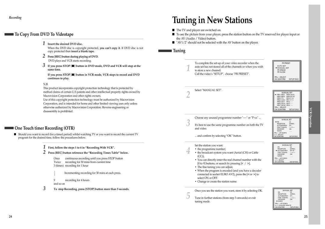 Daewoo SD-8500P, SD-8800P owner manual Tuning in New Stations, To Copy From DVD To Videotape, One Touch timer Recording OTR 