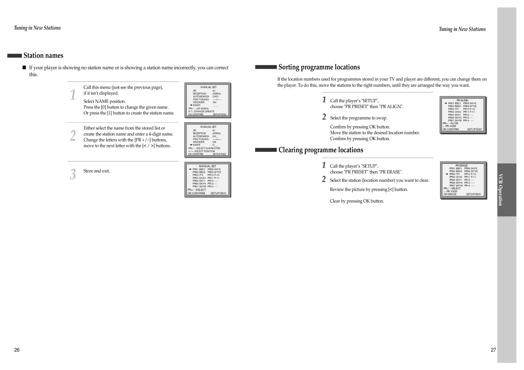 Daewoo SD-8800P, SD-8500P owner manual Station names, Sorting programme locations, Clearing programme locations 