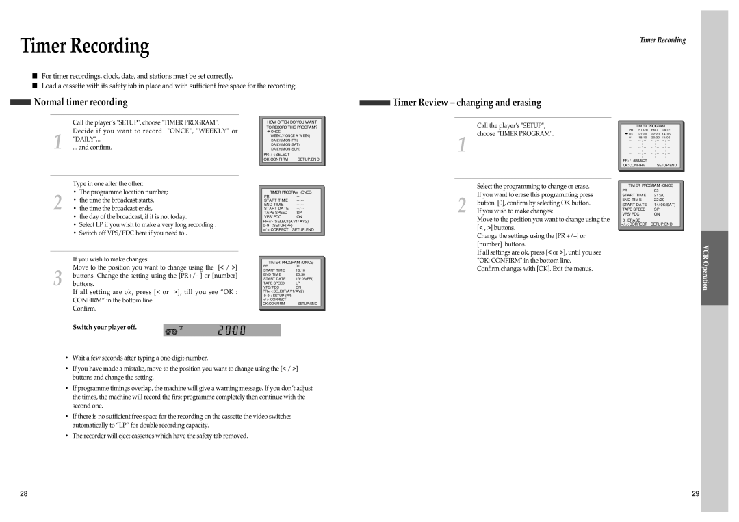 Daewoo SD-8500P Timer Recording, Normal timer recording, Timer Review changing and erasing, Switch your player off 