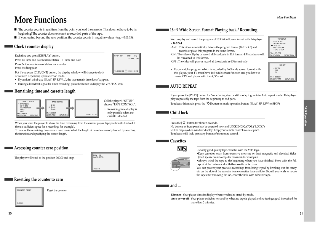 Daewoo SD-8800P, SD-8500P More Functions, Remaining time and cassette length, Child lock, Accessing counter zero position 