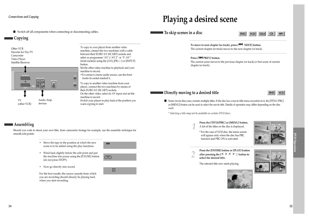 Daewoo SD-8800P Playing a desired scene, To skip scenes in a disc Copying, Directly moving to a desired title, Assembling 