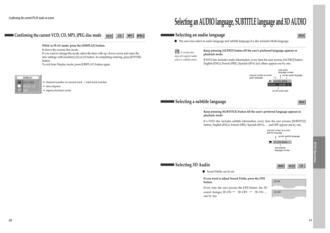 Daewoo SD-8500P, SD-8800P owner manual Selecting an audio language, Selecting a subtitle language, Selecting 3D Audio 