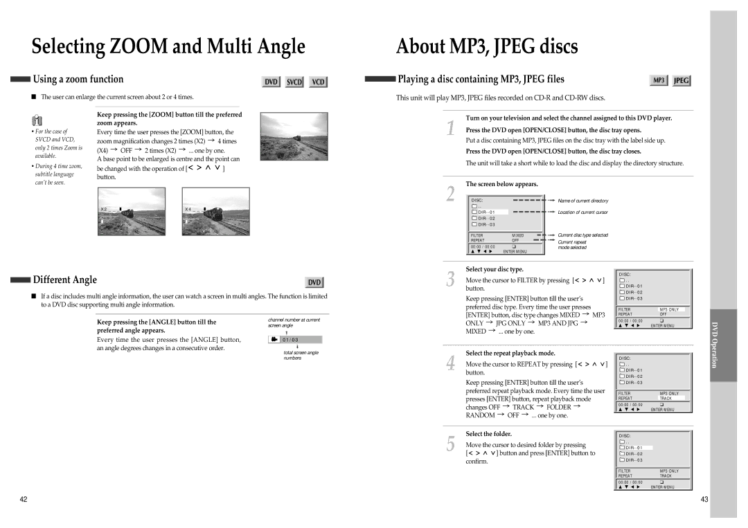 Daewoo SD-8800P, SD-8500P Selecting Zoom and Multi Angle, About MP3, Jpeg discs, Using a zoom function, Different Angle 