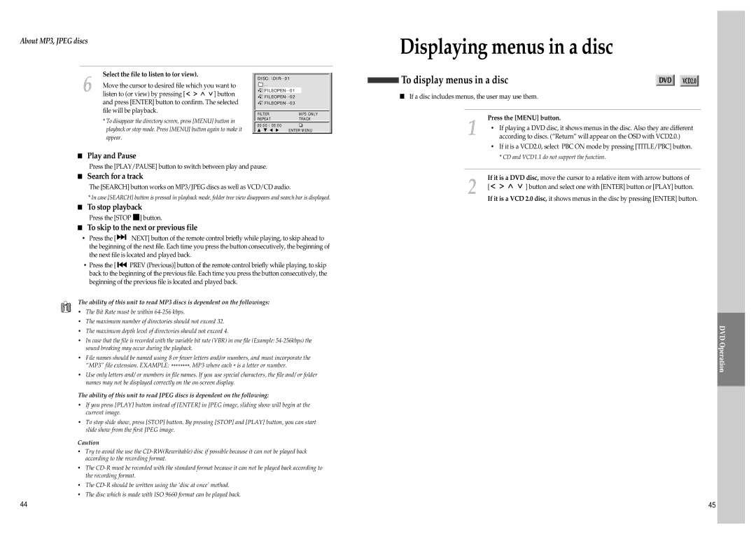 Daewoo SD-8500P, SD-8800P Displaying menus in a disc, To display menus in a disc, Select the file to listen to or view 