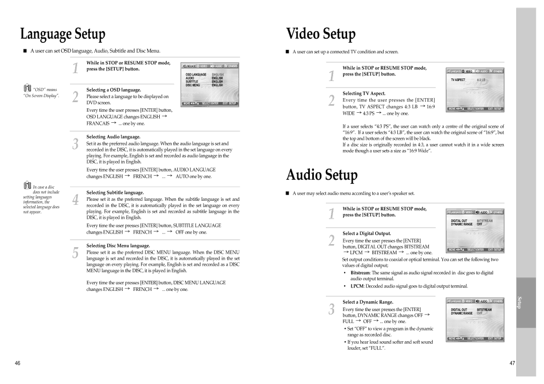 Daewoo SD-8800P, SD-8500P owner manual Video Setup, Audio Setup 