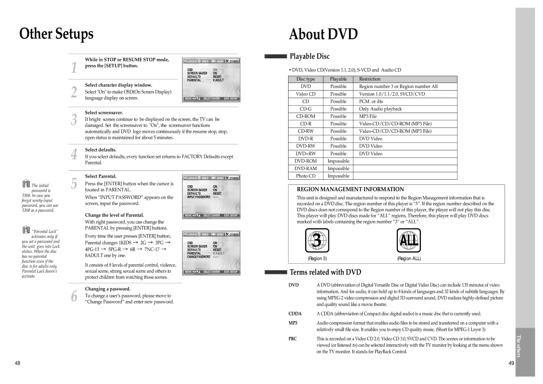 Daewoo SD-8500P, SD-8800P owner manual Other Setups About DVD, Playable Disc, Terms related with DVD 