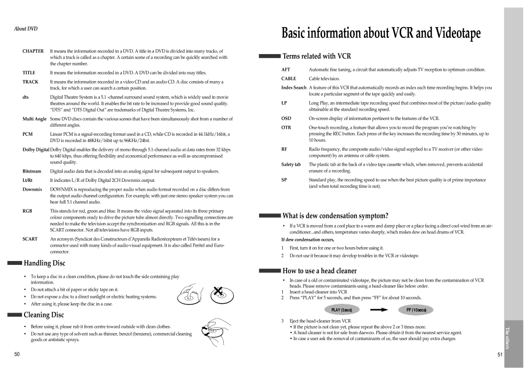 Daewoo SD-8800P, SD-8500P Handling Disc, Cleaning Disc, Terms related with VCR, What is dew condensation symptom? 