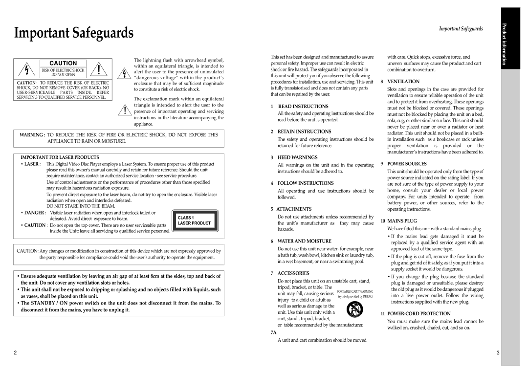 Daewoo SD-8800P, SD-8500P owner manual Important Safeguards, Sofa, rug, or other similar surface. This unit should 