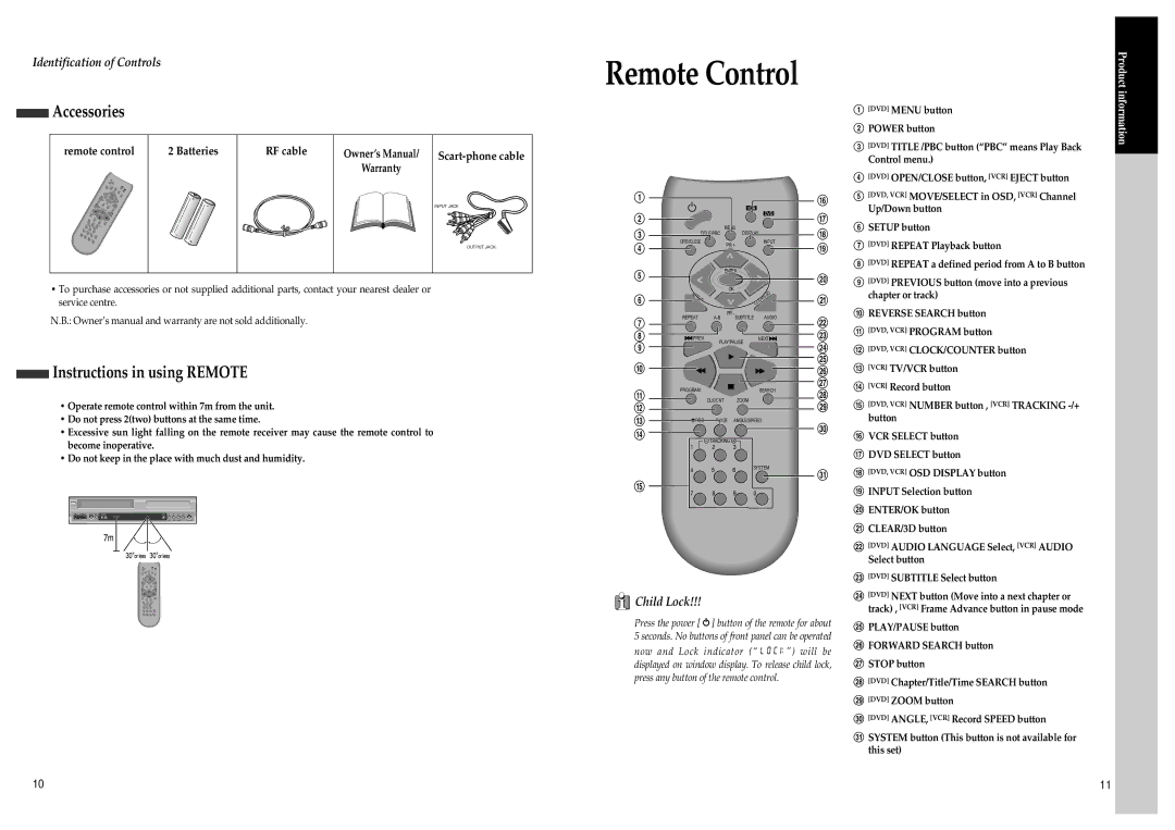 Daewoo SD-8800P, SD-8500P owner manual Remote Control, Accessories, Instructions in using Remote 