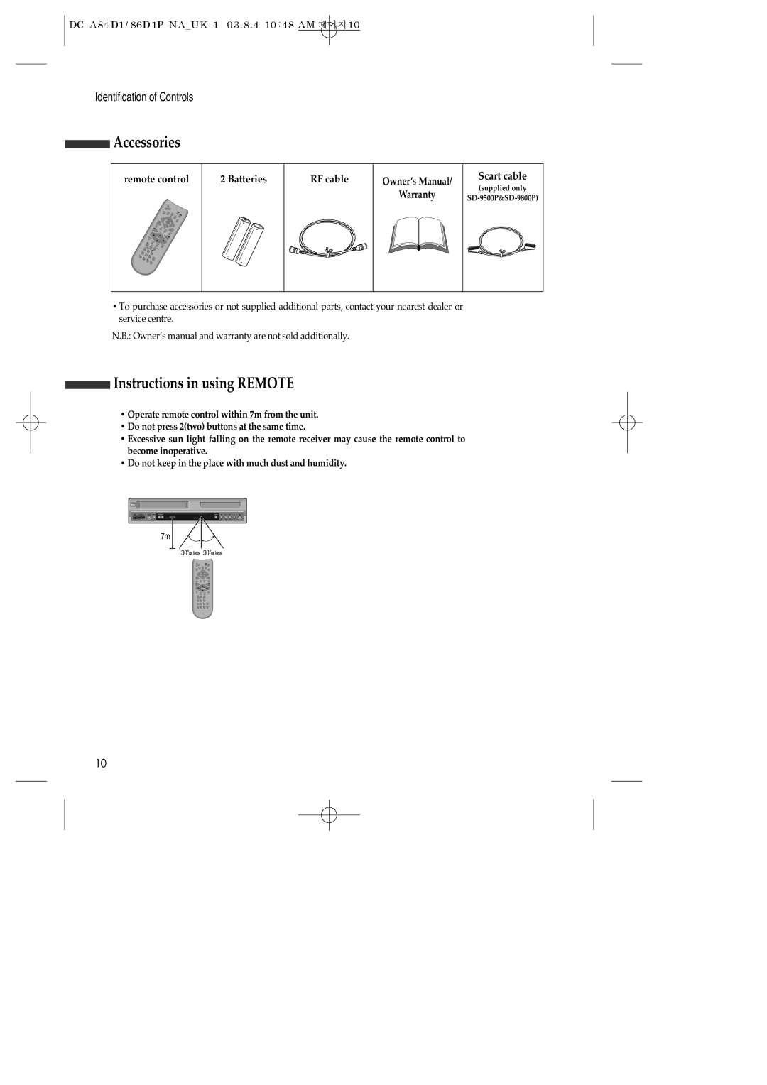 Daewoo SD-3500P, SD-9500P, SD-9800P owner manual Accessories, Instructions in using Remote 