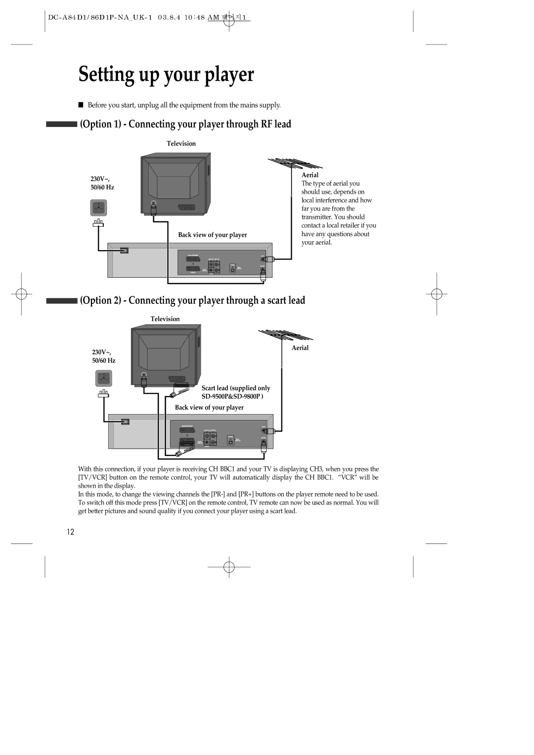 Daewoo SD-9800P Setting up your player, Option 1 Connecting your player through RF lead, Television 230V~, 50/60 Hz 