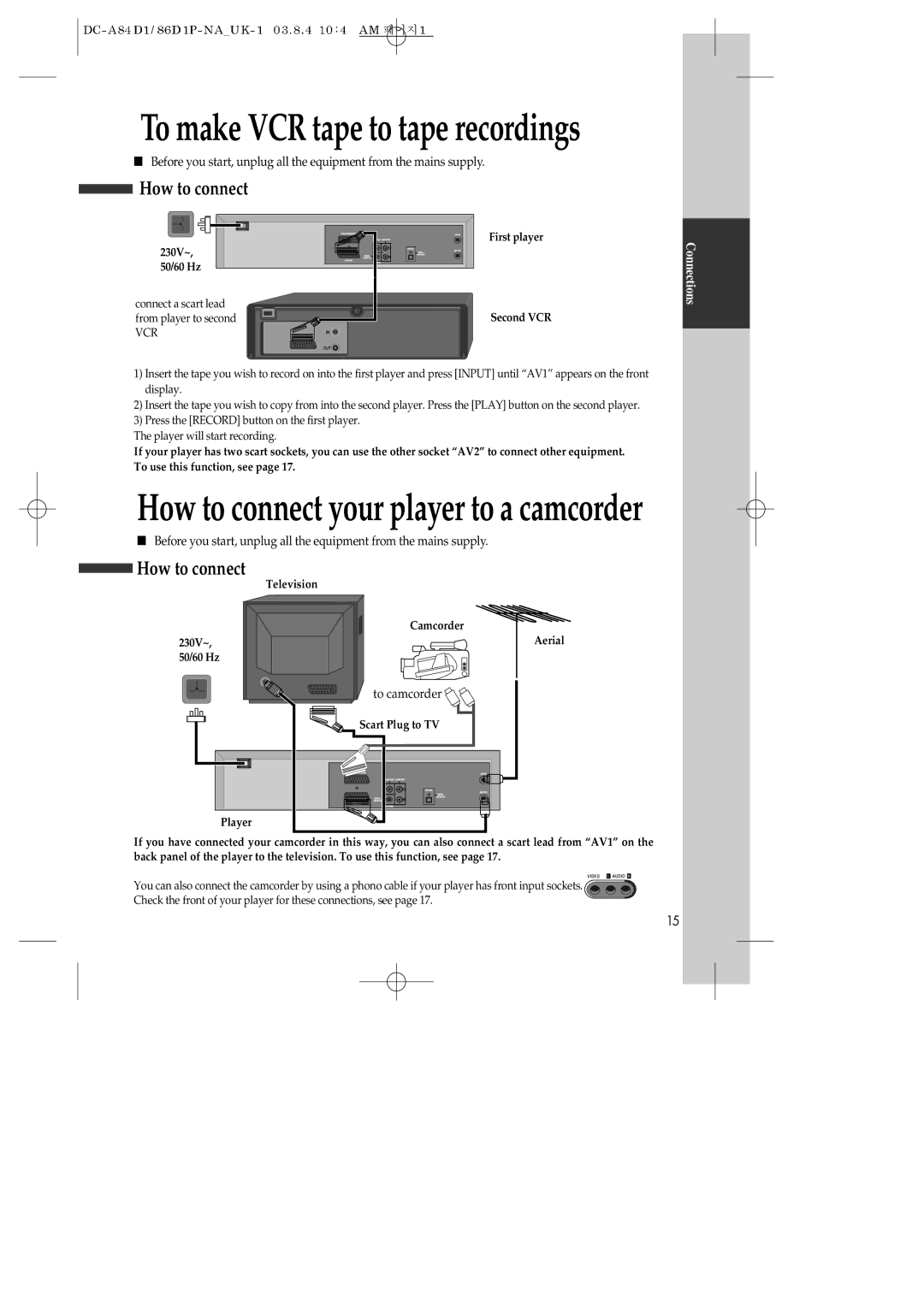 Daewoo SD-9800P, SD-9500P, SD-3500P To make VCR tape to tape recordings, How to connect your player to a camcorder, Vcr 