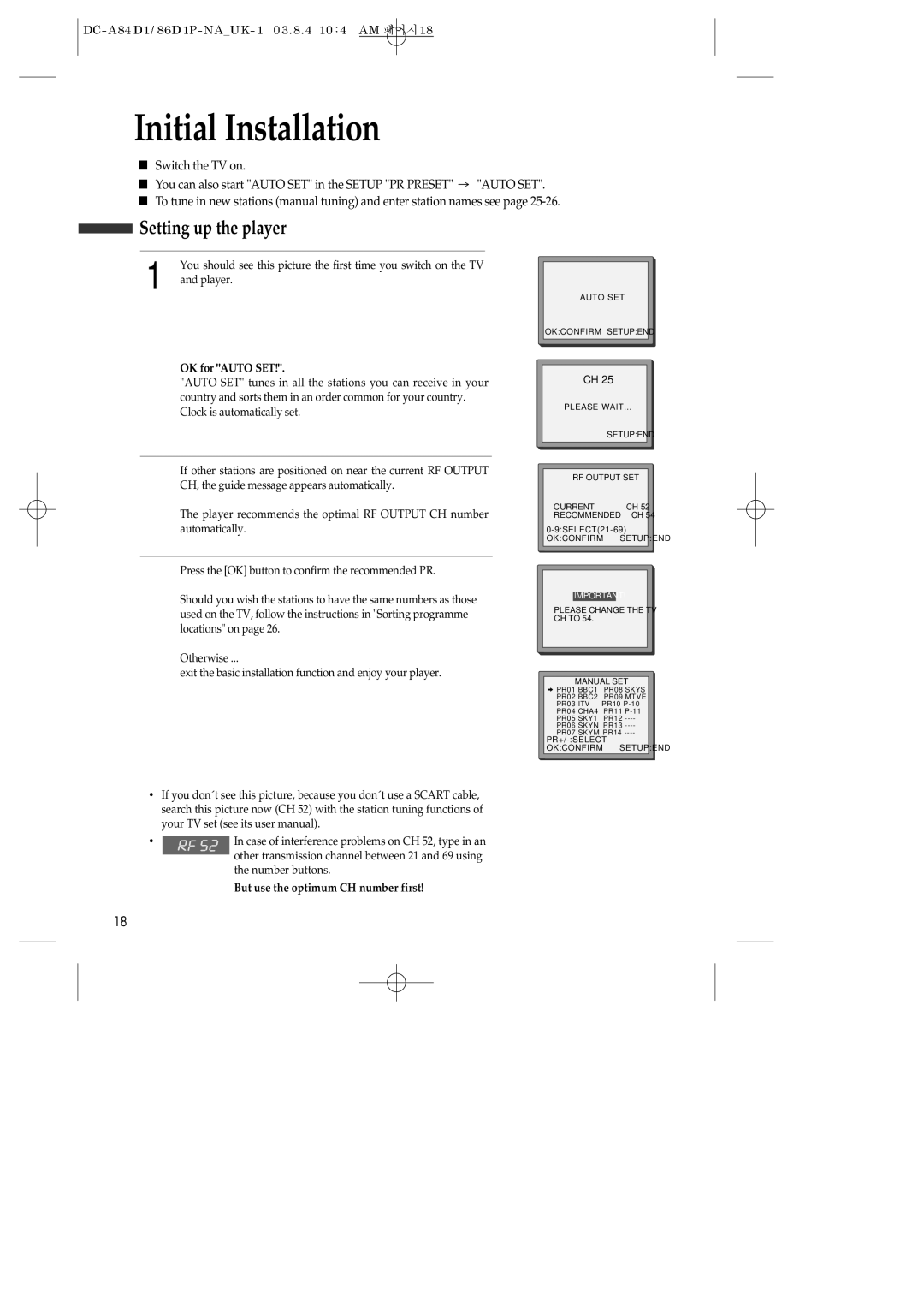 Daewoo SD-9800P Initial Installation, Setting up the player, OK for Auto SET, But use the optimum CH number first 