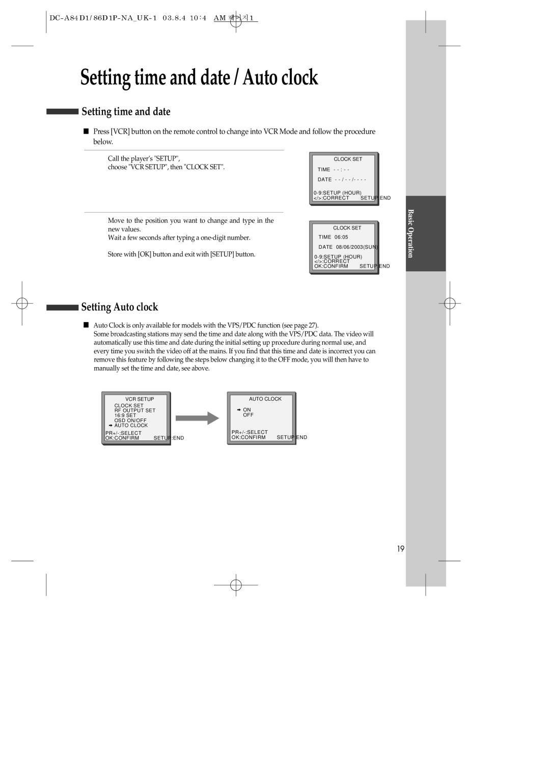 Daewoo SD-3500P, SD-9500P, SD-9800P owner manual Setting time and date / Auto clock, Setting Auto clock 