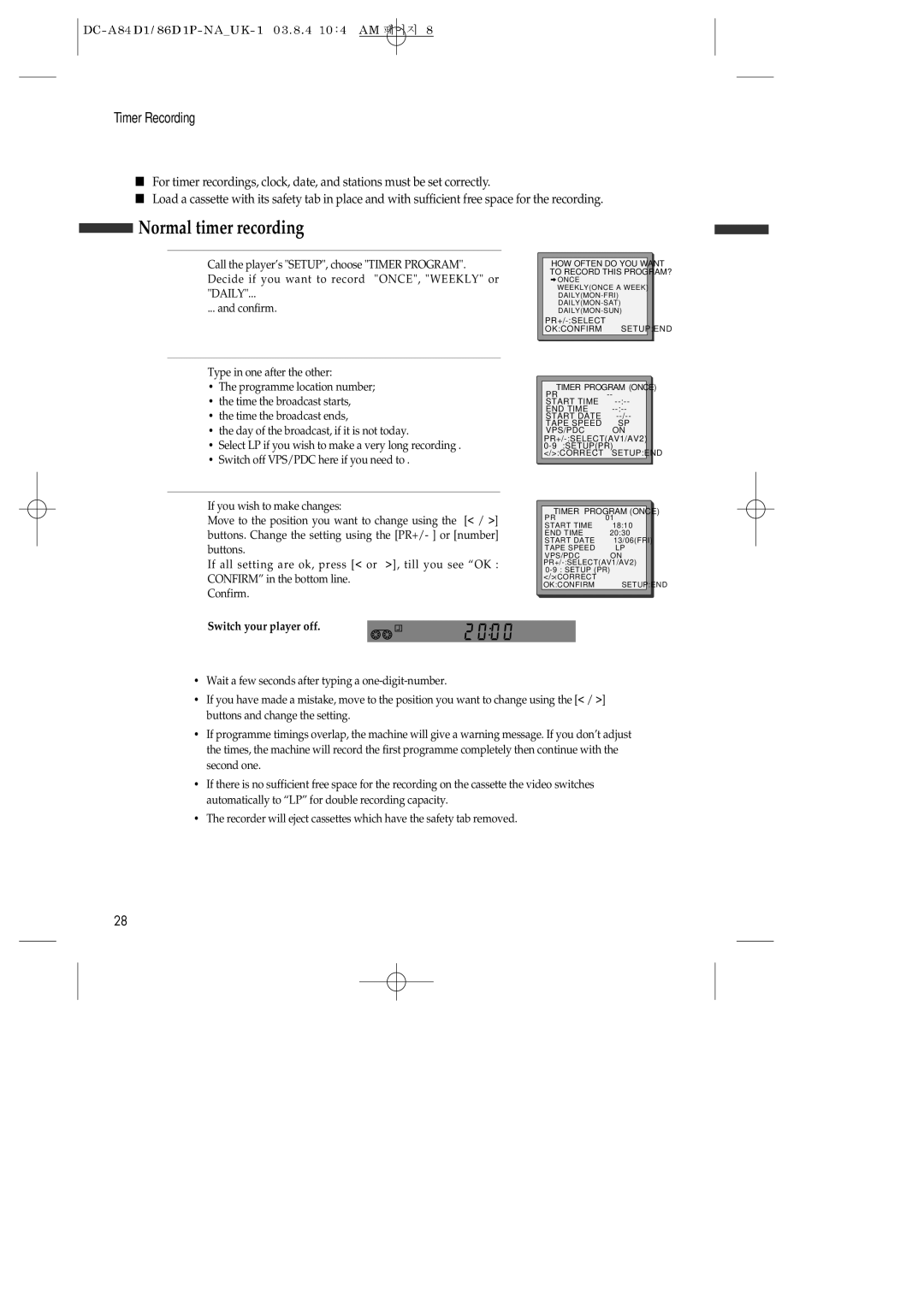 Daewoo SD-3500P, SD-9500P, SD-9800P owner manual Normal timer recording 