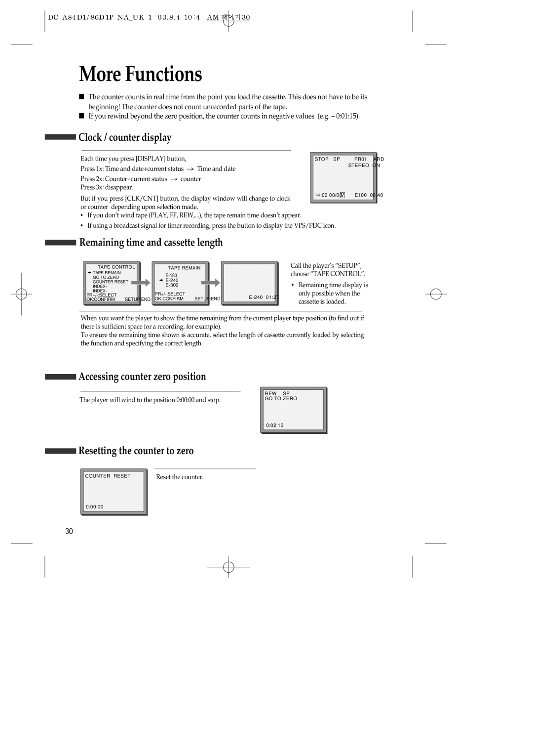 Daewoo SD-9800P More Functions, Clock / counter display, Remaining time and cassette length, Resetting the counter to zero 