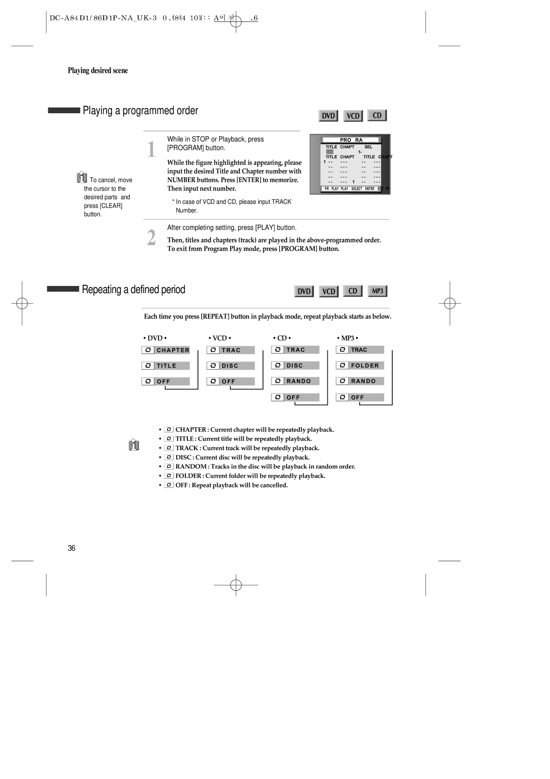 Daewoo SD-9800P, SD-9500P, SD-3500P owner manual Playing a programmed order, Repeating a defined period, Program button 