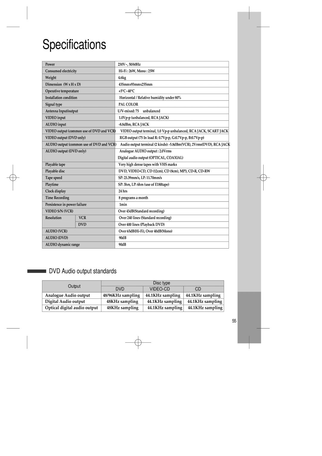 Daewoo SD-3500P, SD-9500P, SD-9800P owner manual Specifications, DVD Audio output standards, Video-Cd 