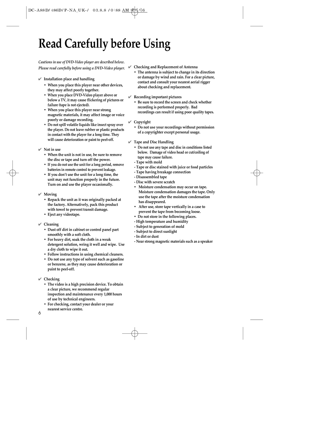 Daewoo SD-9800P, SD-9500P, SD-3500P owner manual Read Carefully before Using, Not in use, Moving, Copyright 