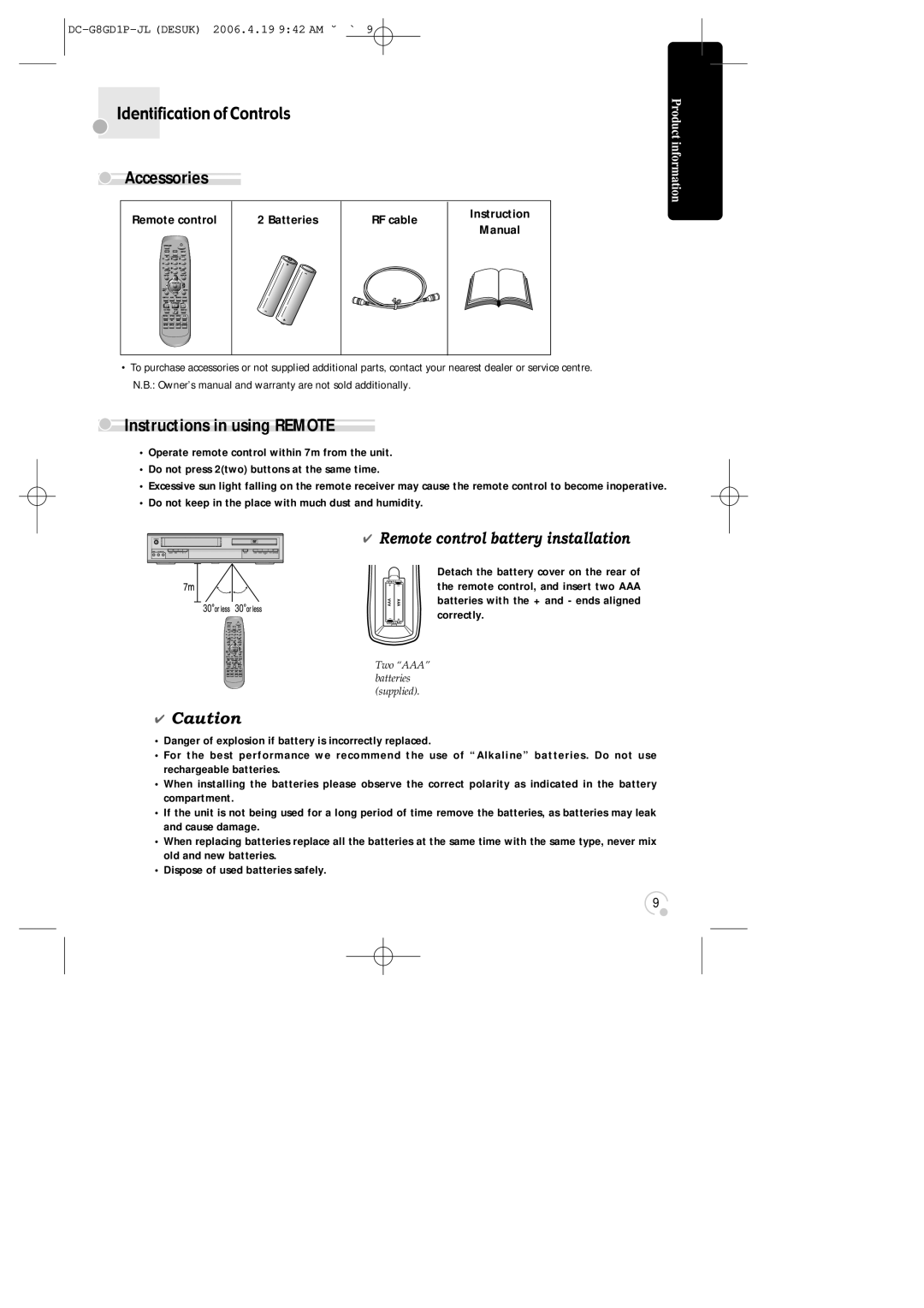 Daewoo SG-9210P instruction manual Accessories, Instructions in using Remote 