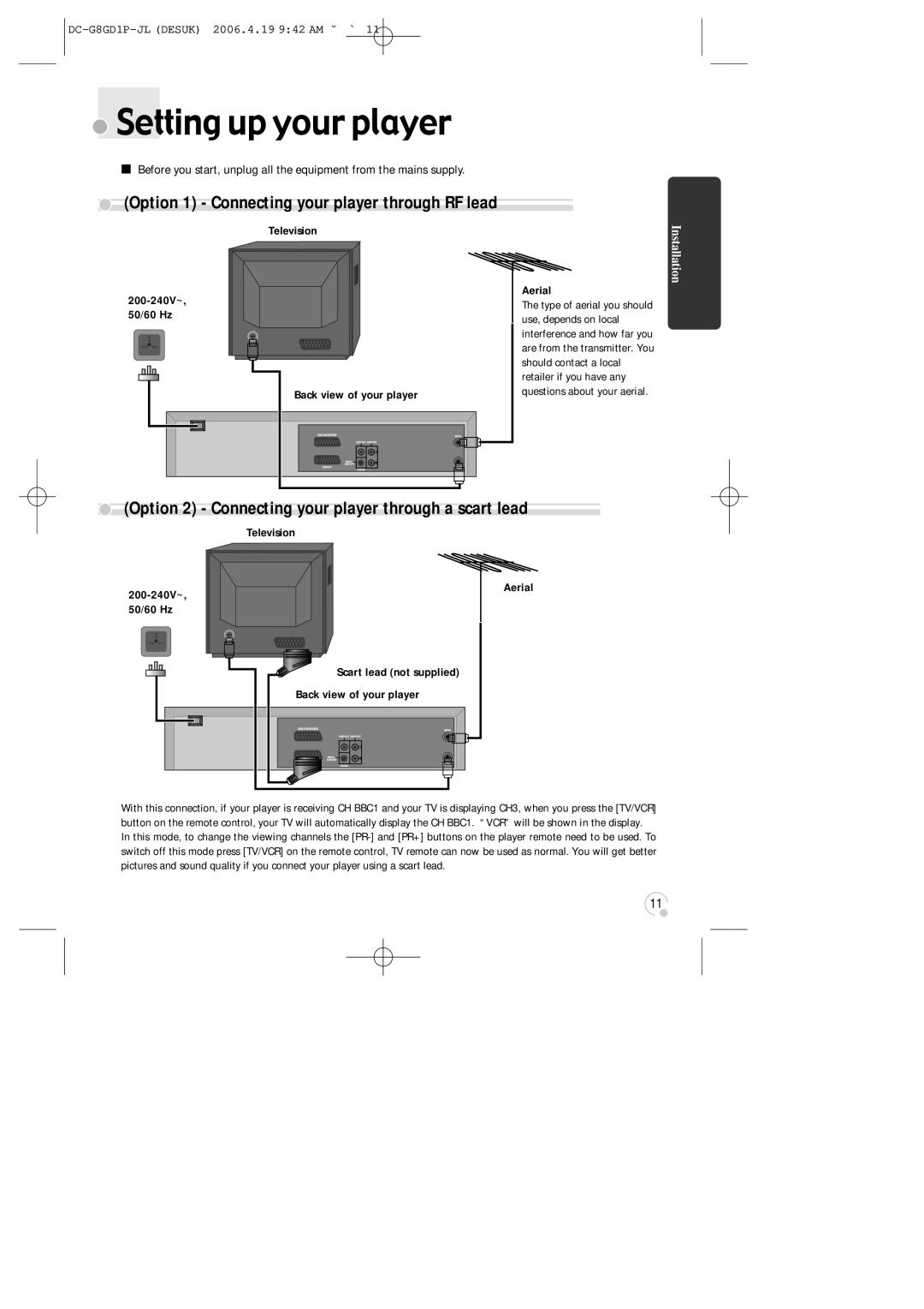 Daewoo SG-9210P instruction manual Setting up your player, Option 2 Connecting your player through a scart lead 