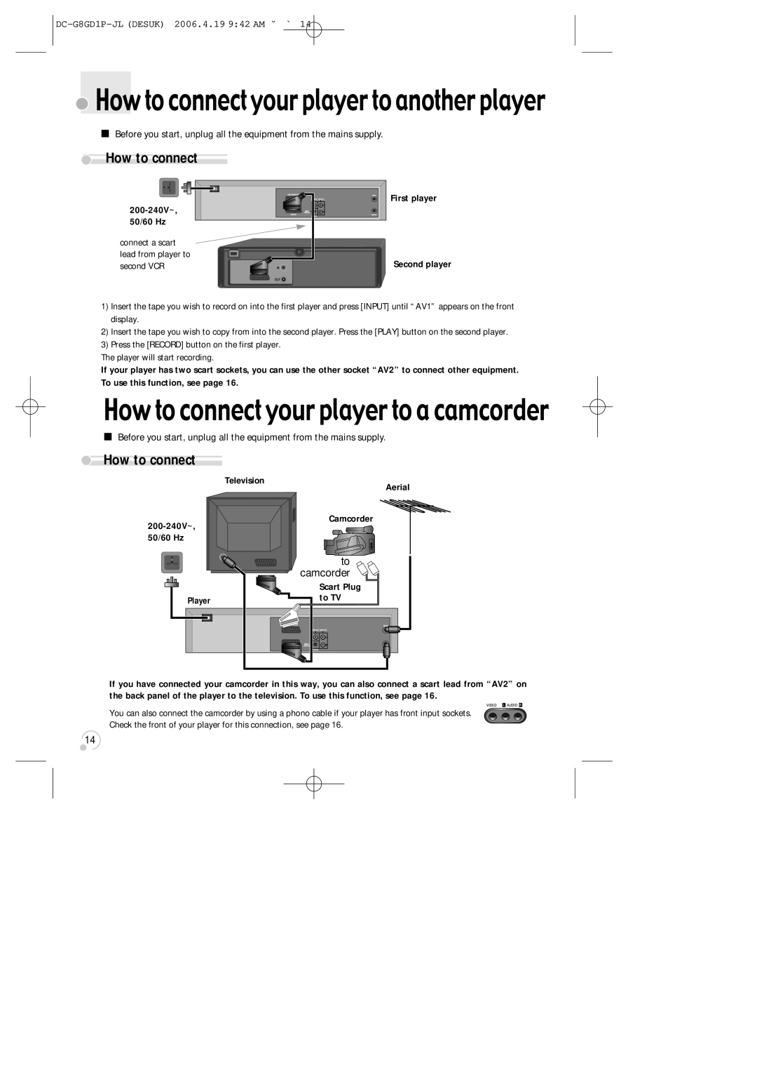 Daewoo SG-9210P How to connect, Connect a scart lead from player to second VCR, First player Second player, Player 