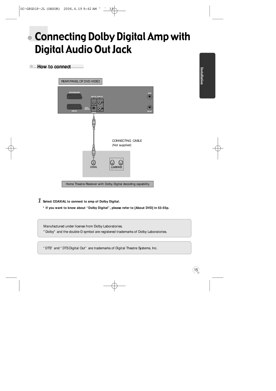 Daewoo SG-9210P instruction manual Connecting Dolby Digital Amp with Digital Audio Out Jack 