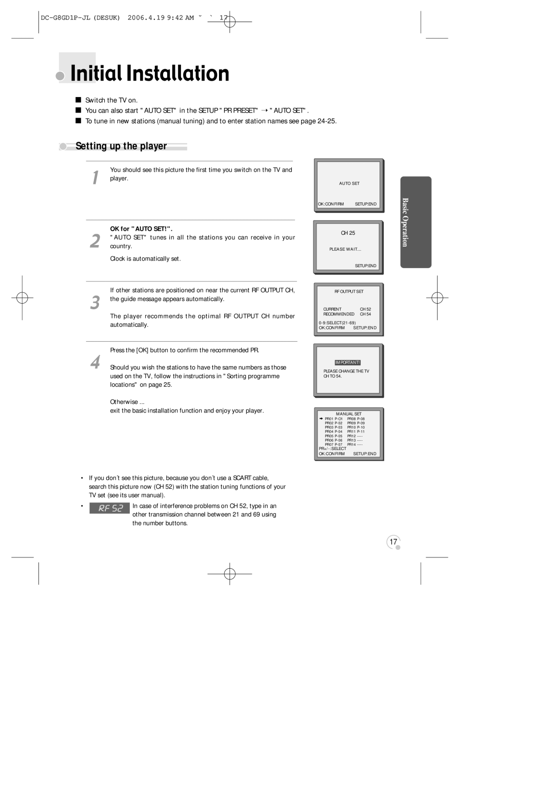 Daewoo SG-9210P instruction manual Initial Installation, Setting up the player, Player, OK for Auto SET, Number buttons 