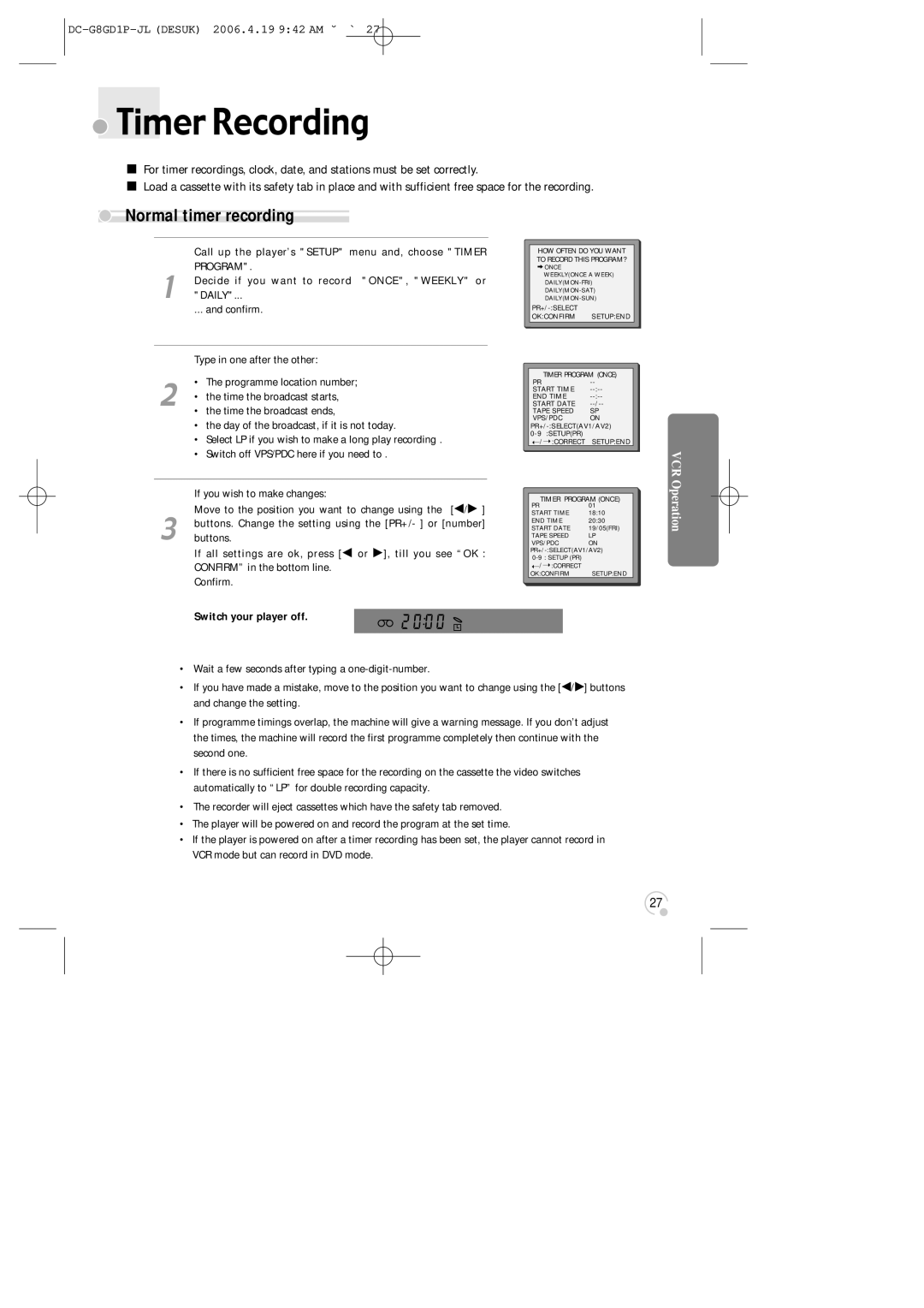 Daewoo SG-9210P Timer Recording, Normal timer recording, Call up the player’s Setup menu and, choose Timer 