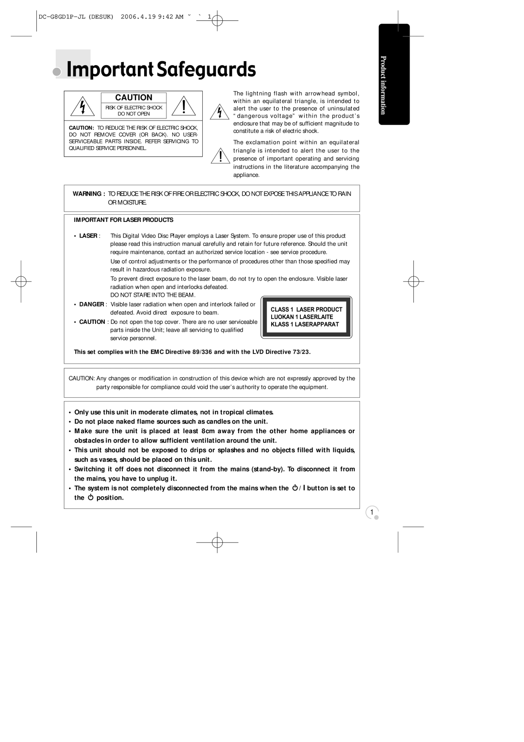 Daewoo SG-9210P instruction manual Important Safeguards, Defeated. Avoid direct exposure to beam 