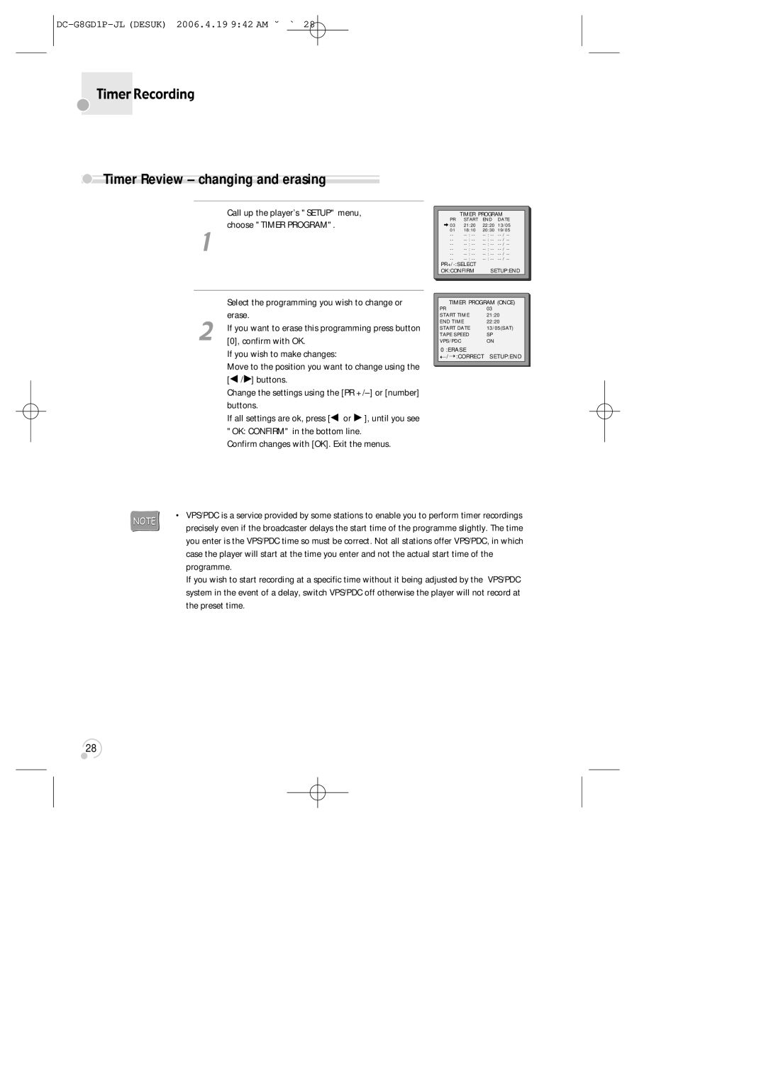 Daewoo SG-9210P instruction manual Timer Review changing and erasing, Confirm changes with OK. Exit the menus 